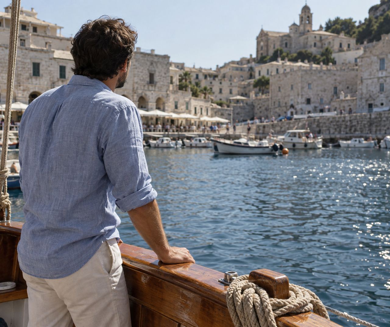 A man in a light blue linen shirt leaning on the rail of a small boat in a sunlit harbor